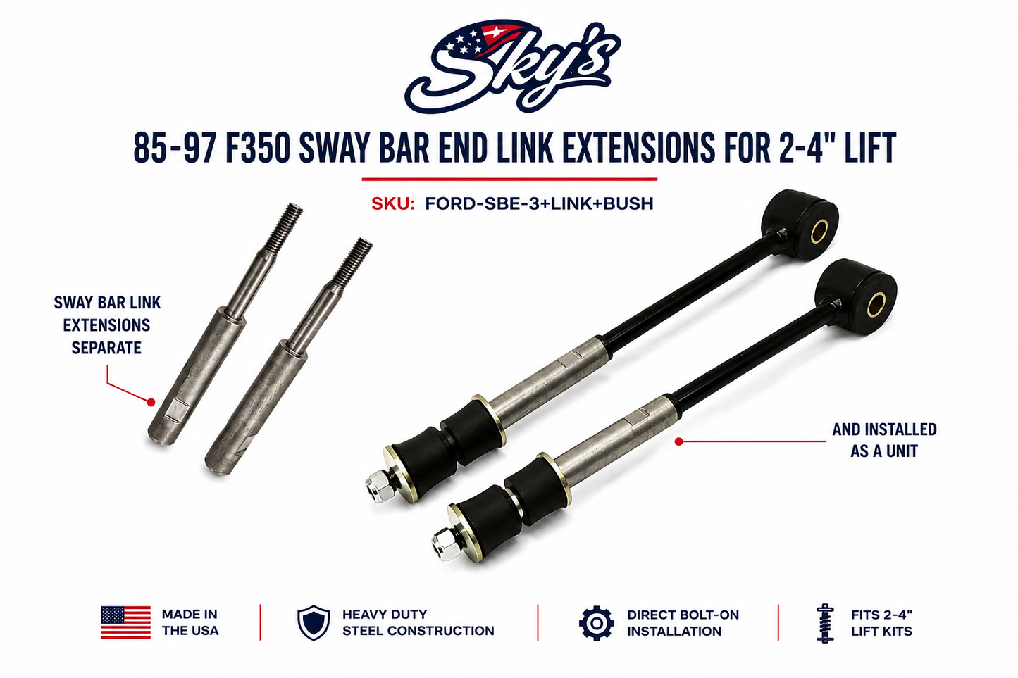 85-97 F350 Sway Bar End Link Extensions for 2-4" Lift